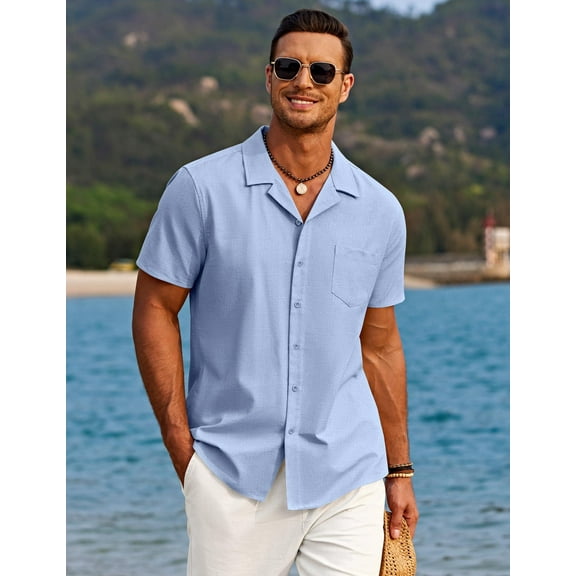 COOFANDY Men Button Down Shirt Beach Linen Shirts Summer Hawaiian Shirts Cuban Collar Shirts Short Sleeve Button Down Shirts