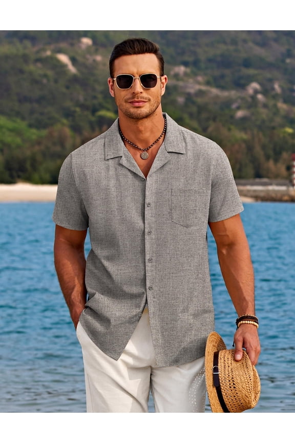Men Button Down Shirt Beach Linen Shirts Summer Hawaiian Shirts Cuban Collar Shirts Short Sleeve Button Down Shirts