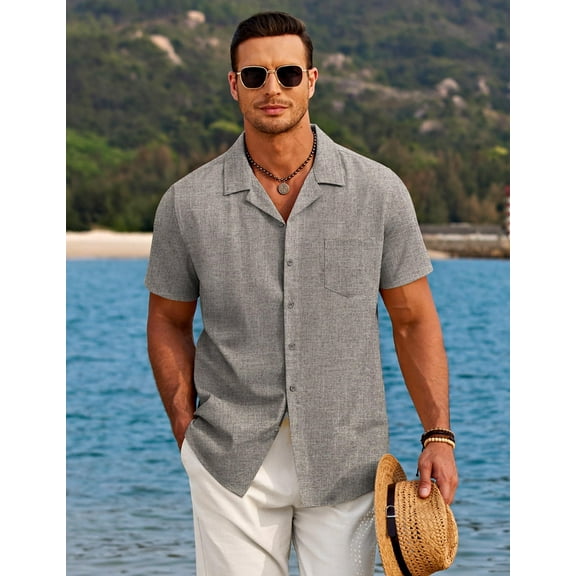 COOFANDY Men Button Down Shirt Beach Linen Shirts Summer Hawaiian Shirts Cuban Collar Shirts Short Sleeve Button Down Shirts