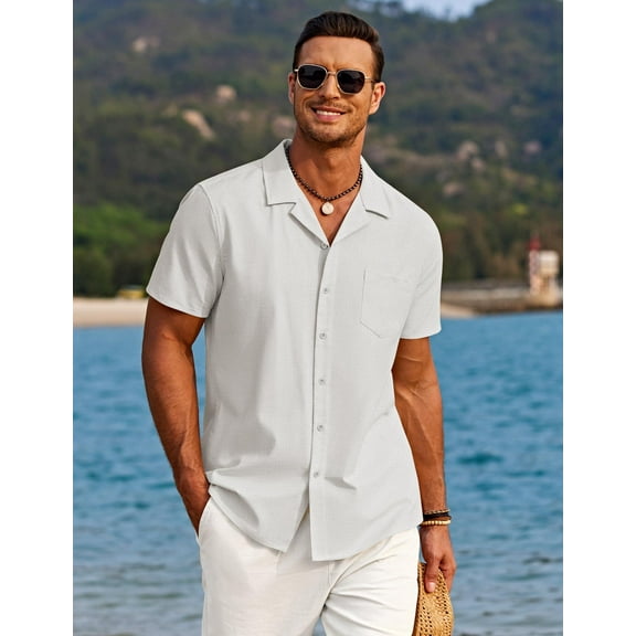 COOFANDY Men Button Down Shirt Beach Linen Shirts Summer Hawaiian Shirts Cuban Collar Shirts Short Sleeve Button Down Shirts
