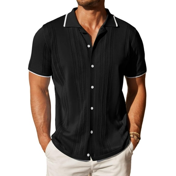 COOFANDY Mens Short Sleeve Knit Shirts Fashion Button Down Polo Shirt Casual Beach Top