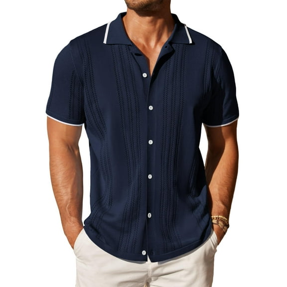 COOFANDY Men's Knit Button Down Shirt Vintage Short Sleeve Polo Shirts Casual Beach Tops