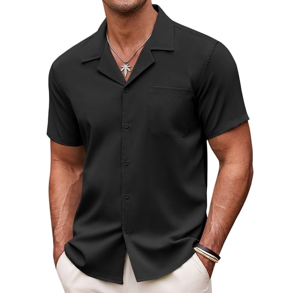 COOFANDY Men's Casual Button Down Shirts Short Sleeve Summer Beach Shirt Fashion Textured Shirts with Pocket Black XXXL