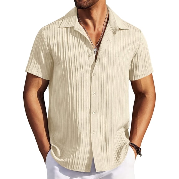 COOFANDY Men's Casual Button Down Shirts Short Sleeve Textured Summer Beach ShirtsBeige L