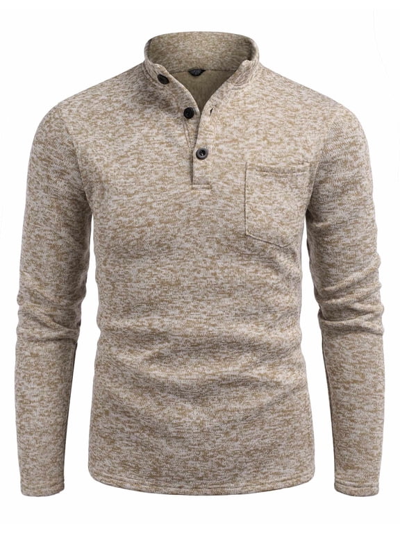 Men's Thermal Henley Sweater - Quarter Button Mock Neck Knit Pullover with Pocket