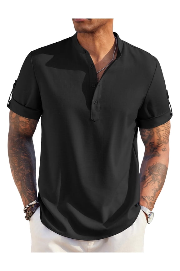 Men's Linen Henley Shirts Summer Beach Short Sleeve Loose Fit T Shirt Button Up Lightweight Casual Tee