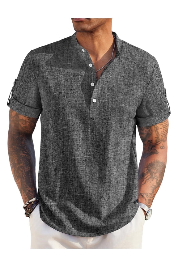 Men's Linen Henley Shirts Summer Beach Short Sleeve Loose Fit T Shirt Button Up Lightweight Casual Tee