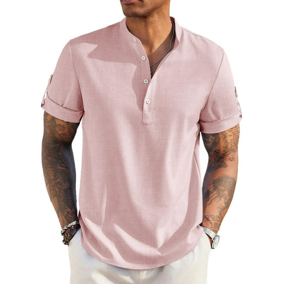 COOFANDY Men's Linen Henley Shirts Summer Beach Short Sleeve Loose Fit T Shirt Button Up Lightweight Casual Tee