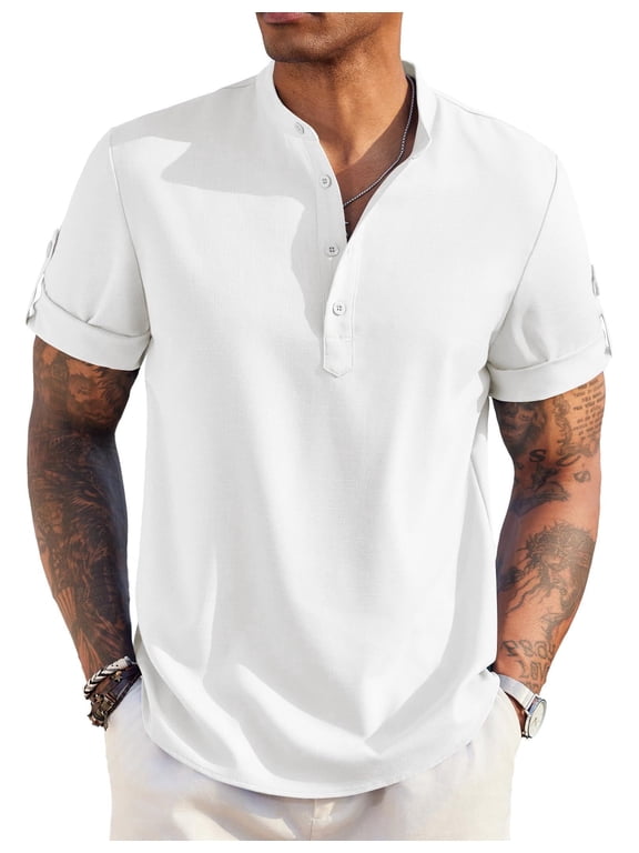 Men's Linen Henley Shirts Summer Beach Short Sleeve Loose Fit T Shirt Button Up Lightweight Casual Tee