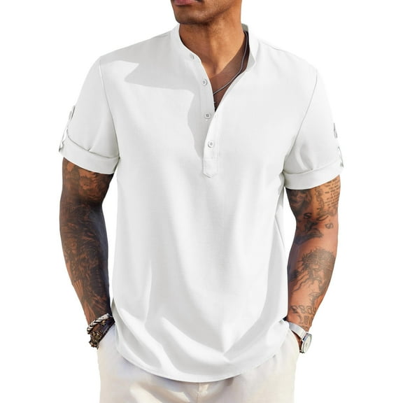 COOFANDY Men's Linen Henley Shirts Summer Beach Short Sleeve Loose Fit T Shirt Button Up Lightweight Casual Tee