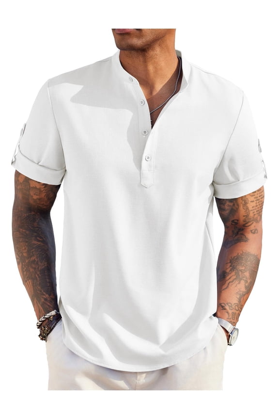 Men's Linen Henley Shirts Summer Beach Short Sleeve Loose Fit T Shirt Button Up Lightweight Casual Tee