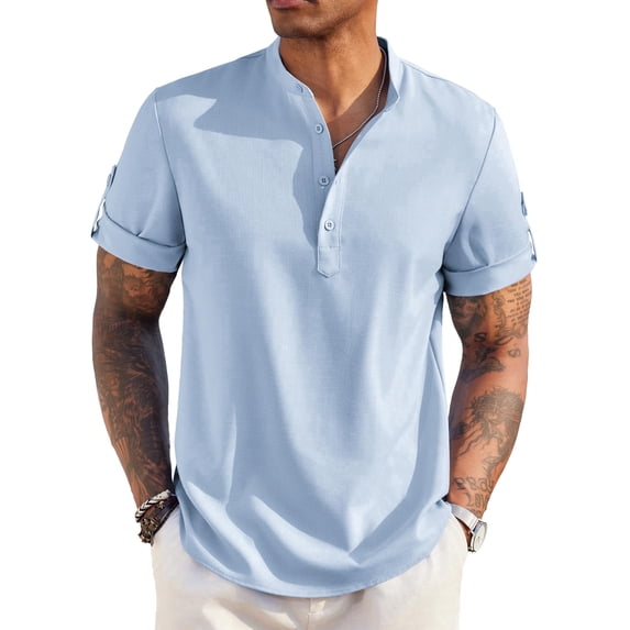 COOFANDY Men's Casual Henley Shirt Short Sleeve Band Collar Linen Shirt Summer Beach Hippie T-Shirts
