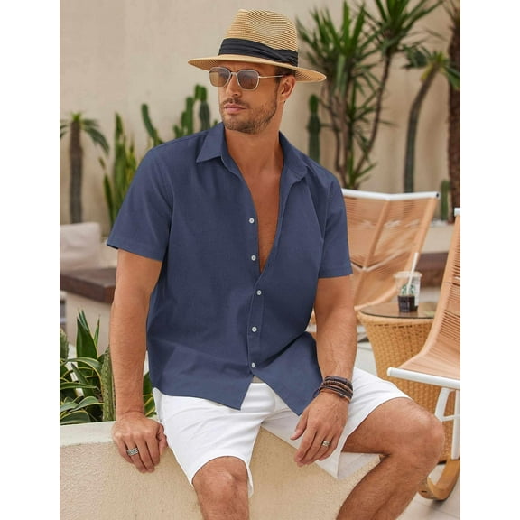 COOFANDY Men's Linen Solid Wedding Short Sleeve Shirt Button Up Relaxed-Fit Shirts