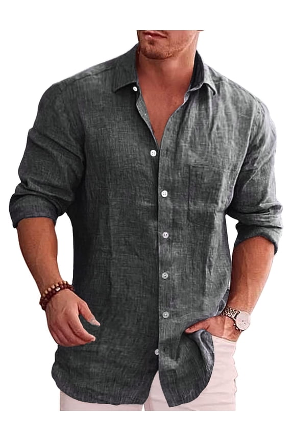 Men's Casual Button Down Shirt Chambray Plain Long Sleeve Dress Shirt