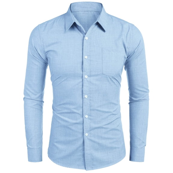 COOFANDY Men's Casual Linen Button Down Shirt Chambray Plain Oxford Dress Shirt Light Blue XXL