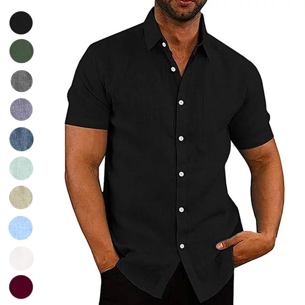 COOFANDY Men's Casual Linen Button Down Shirt Short Sleeve Beach Shirt,Dark  Black 