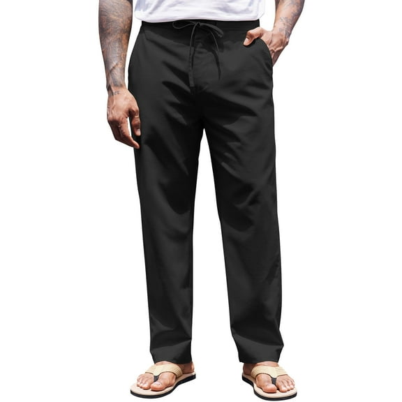 COOFANDY Men's Linen Pants Elastic Waist Drawstring Beach Yoga Trousers Summer Lightweight Casual Long Pants with Pockets