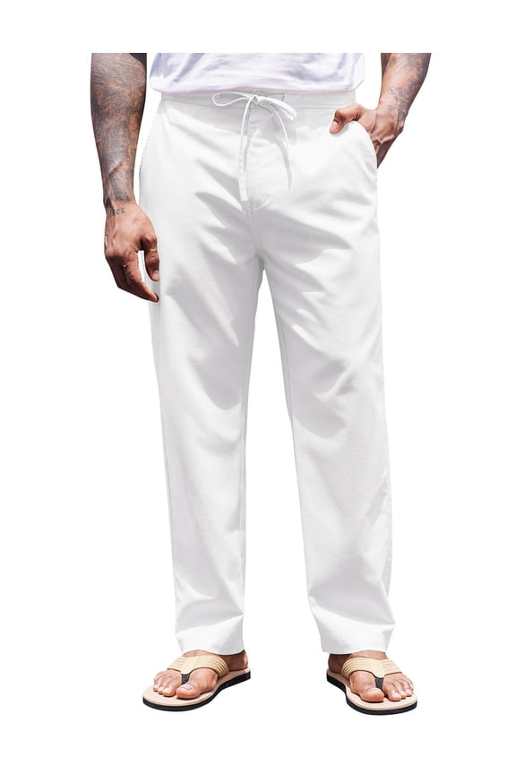 Mens Linen Loose Pants Lightweight Elastic Waist Summer Trouser Yoga Beach Pant with Pockets