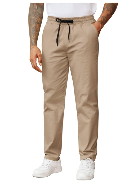 Men's Casual Pants Cotton Twill Drawstring Stretch Waist Work Trousers Lightweight Chino Slacks with Pockets