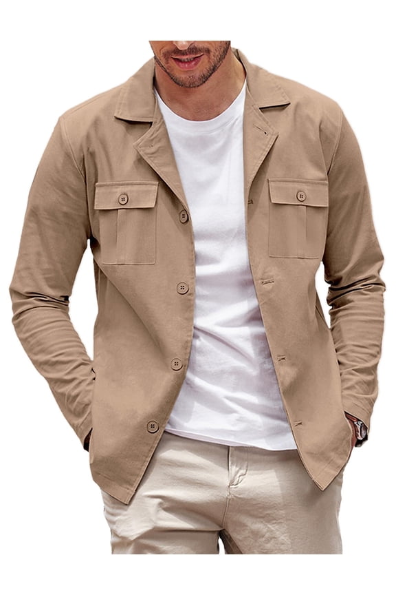 ELESOL Men's Casual Shirt Jacket Cotton Linen Shacket Lightweight Work Coat Button Down Overshirt