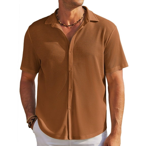COOFANDY Men's Casual Button Down Shirts Short Sleeve Wrinkle Free Waffle Knit Shirts