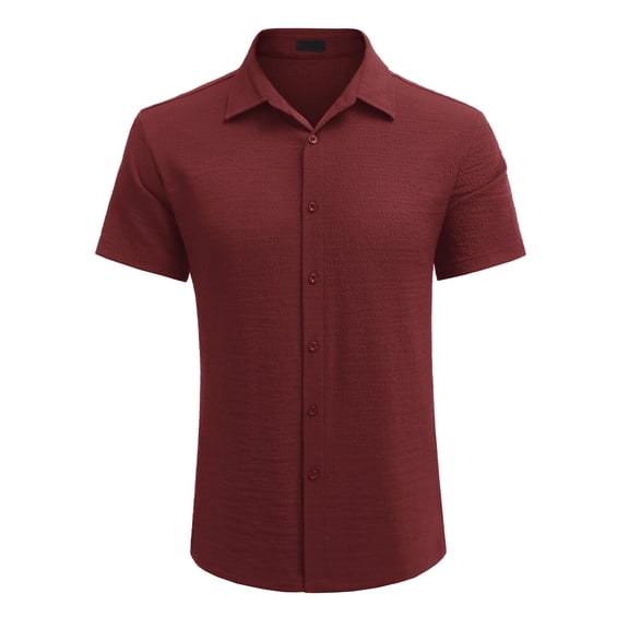 COOFANDY Men's Casual Short Sleeve Button Down Shirt Textured Summer Beach Shirt Wine Red XXL