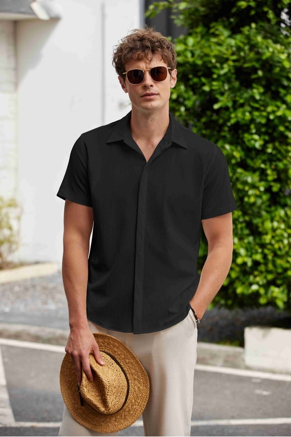 Men Short Sleeve Button Down Big and Tall Summer Beach Shirt Untucked Textured Wedding Trendy Lightweight Shirt