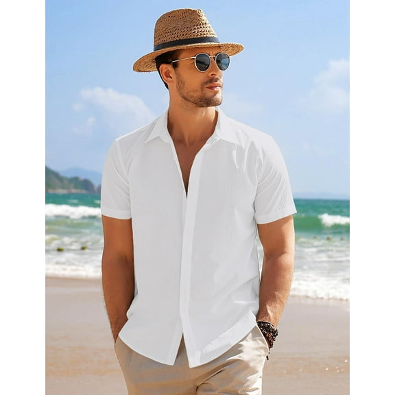 COOFANDY Men Short Sleeve Button Down Big and Tall Summer Beach Shirt Untucked Textured Wedding Trendy Lightweight Shirt