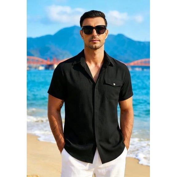 COOFANDY Men's Cool Linen Cotton Short Sleeve Shirt, Concealed Button Casual Wear for Beach Summer Wedding Daily