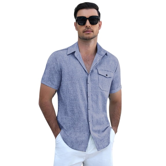 COOFANDY Men's Casual Short Sleeve Shirt Cool Linen Cotton Concealed Button Design for Men Beach Summer Wedding Shirt