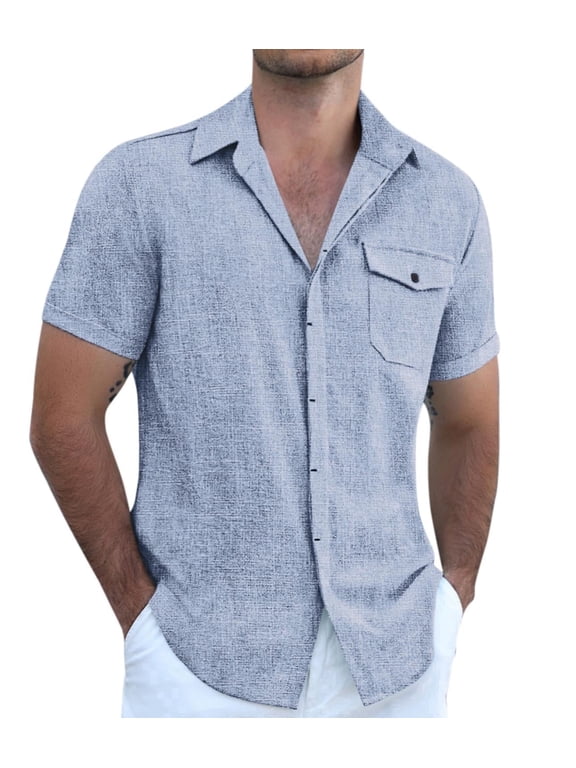 Men's Cool Linen Cotton Short Sleeve Shirt, Casual Button Down Shirt for Beach Summer Wedding Daily
