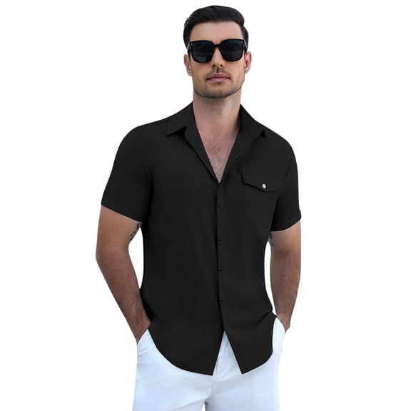 COOFANDY Men's Casual Short Sleeve Shirt Cool Linen Cotton Concealed Button Design for Men Beach Summer Wedding Shirt