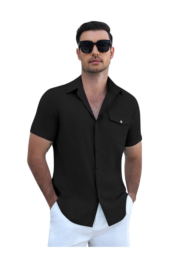 Men's Casual Short Sleeve Shirt Cool Linen Cotton Concealed Button Design for Men Beach Summer Wedding Shirt