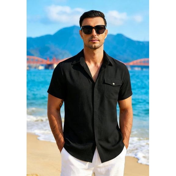 COOFANDY Men's Cool Linen Cotton Short Sleeve Shirt, Concealed Button Casual Wear for Beach Summer Wedding Daily