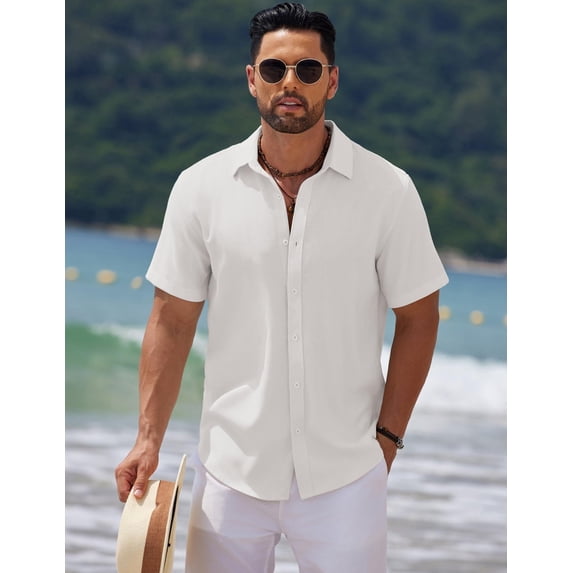 COOFANDY Men's Linen Beach Casual Shirts Button Down Short Sleeve Shirt Summer Wedding Shirt Slim Fit Shirts