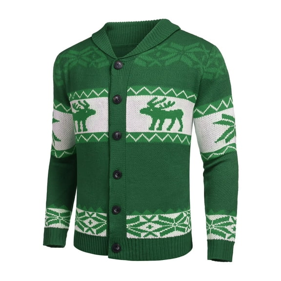Coshow Men's Christmas Cardigan Long Sleeve Ugly Xmas Reindeer Snowflake Cardigan with Shawl Collar