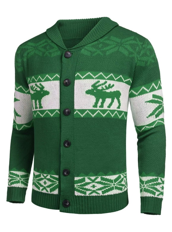 Men's Christmas Cardigans Ugly Xmas Sweaters Reindeer Snowflake Shawl Collar Knitted Cardigan Sweater