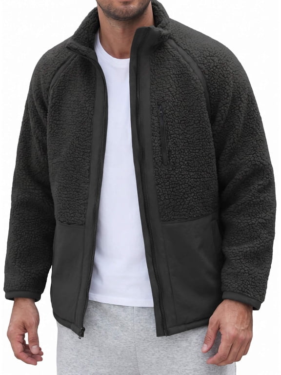 Men's Color Block Sherpa Fleece Jacket, Full Zip Stand Collar Raglan Sleeve Coat, Lightweight Thermal Patchwork Fuzzy Sweater Outerwear with Zipper Chest
