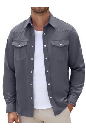 Men's Casual Work Button Up Shirt, Corduroy Western Shirts, Pearl Snap Long Sleeve Shirts for Men, Lightweight Vintage Cowboy Shirt