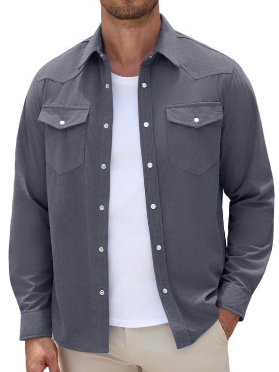 Men's Casual Work Button Up Shirt, Corduroy Western Shirts, Pearl Snap Long Sleeve Shirts for Men, Lightweight Vintage Cowboy Shirt