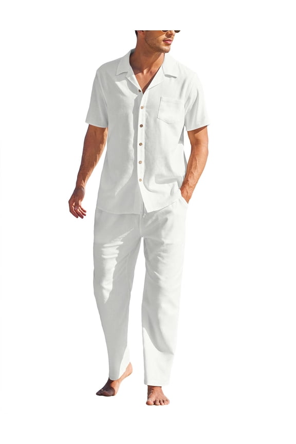 Men 2 Piece Linen Outfit Beach Button Down Shirt Casual Loose Pant Sets