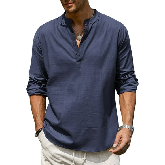 Coshow Men's Cotton Henley Shirt Long Sleeve Hippie Casual Beach T Shirts