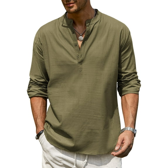 Coshow Men's Cotton Henley Shirt Long Sleeve Hippie Casual Beach T Shirts