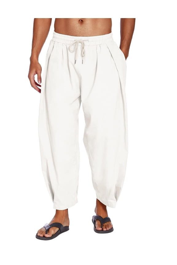 Men's Cotton Linen Harem Pants Drawstring Casual Cropped Trousers Lightweight Loose Beach Yoga Pants with Pockets