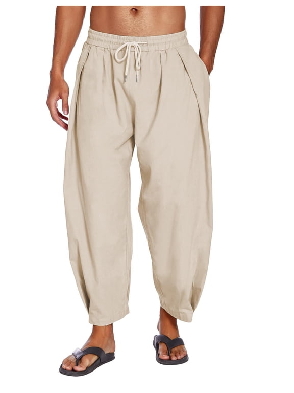 Men's Cotton Linen Harem Pants Drawstring Casual Cropped Trousers Lightweight Loose Beach Yoga Pants with Pockets