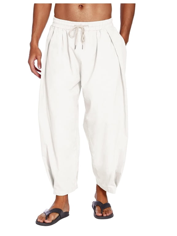 Men's Linen Beach Pants Drawstring Elastic Waist Harem Trousers Casual Loose Yoga Pants with Poskets
