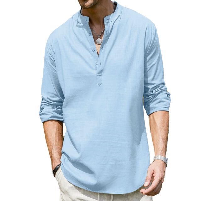 COOFANDY Men's Henley Shirts Long Sleeve Basic Waffle Pique Pullover T Shirt With Pocket Color Denim Blue Size Xl