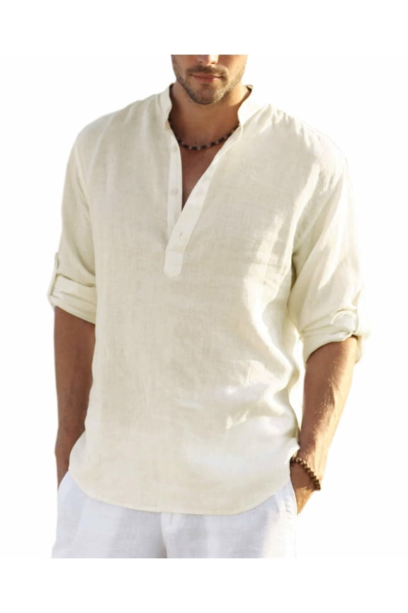 Men's Linen T-Shirts Long Sleeve Casual Beach T-Shirts Lightweight Summer Tops for Men