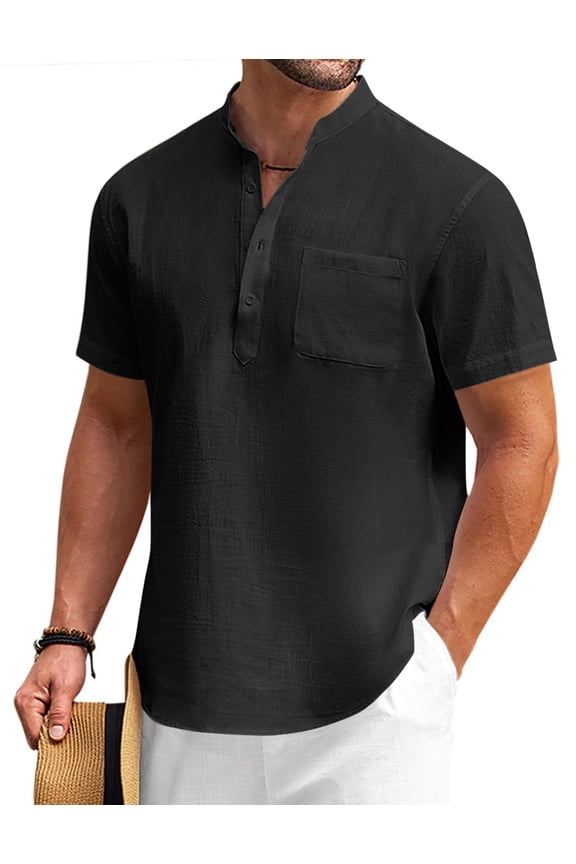 Mens Cotton Linen Henley Shirt Casual Short Sleeve Tropical Shirts Summer Beach T-Shirts with Pocket
