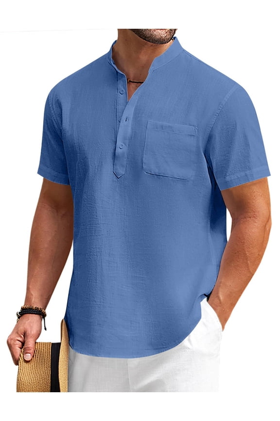 Men's Cotton Linen Henley Shirt Short Sleeve Hippie Casual Beach T-Shirts with Pocket